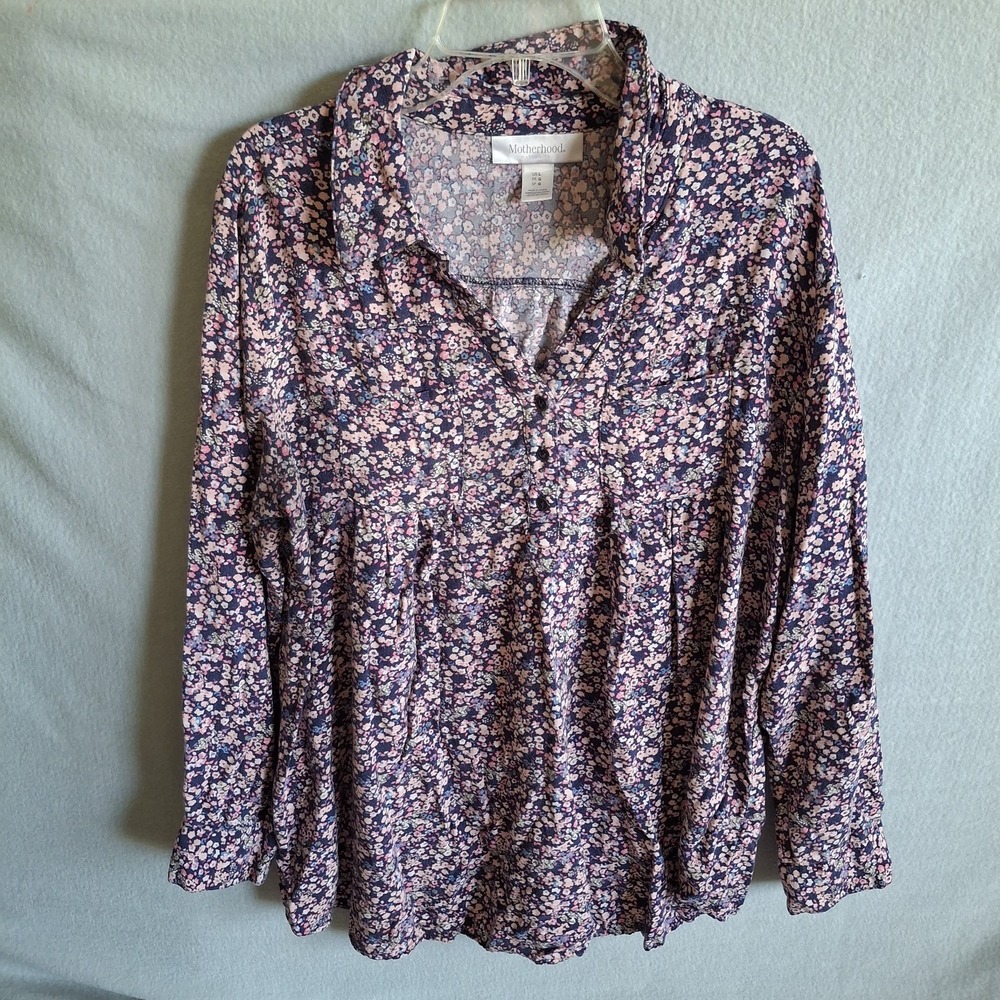 Motherhood Maternity Floral Blouse Top Large L Long Sleeve Navy Blue Pink Rayon